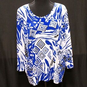 TanJay Women's 3/4 Sleeve Blue White and Black Top